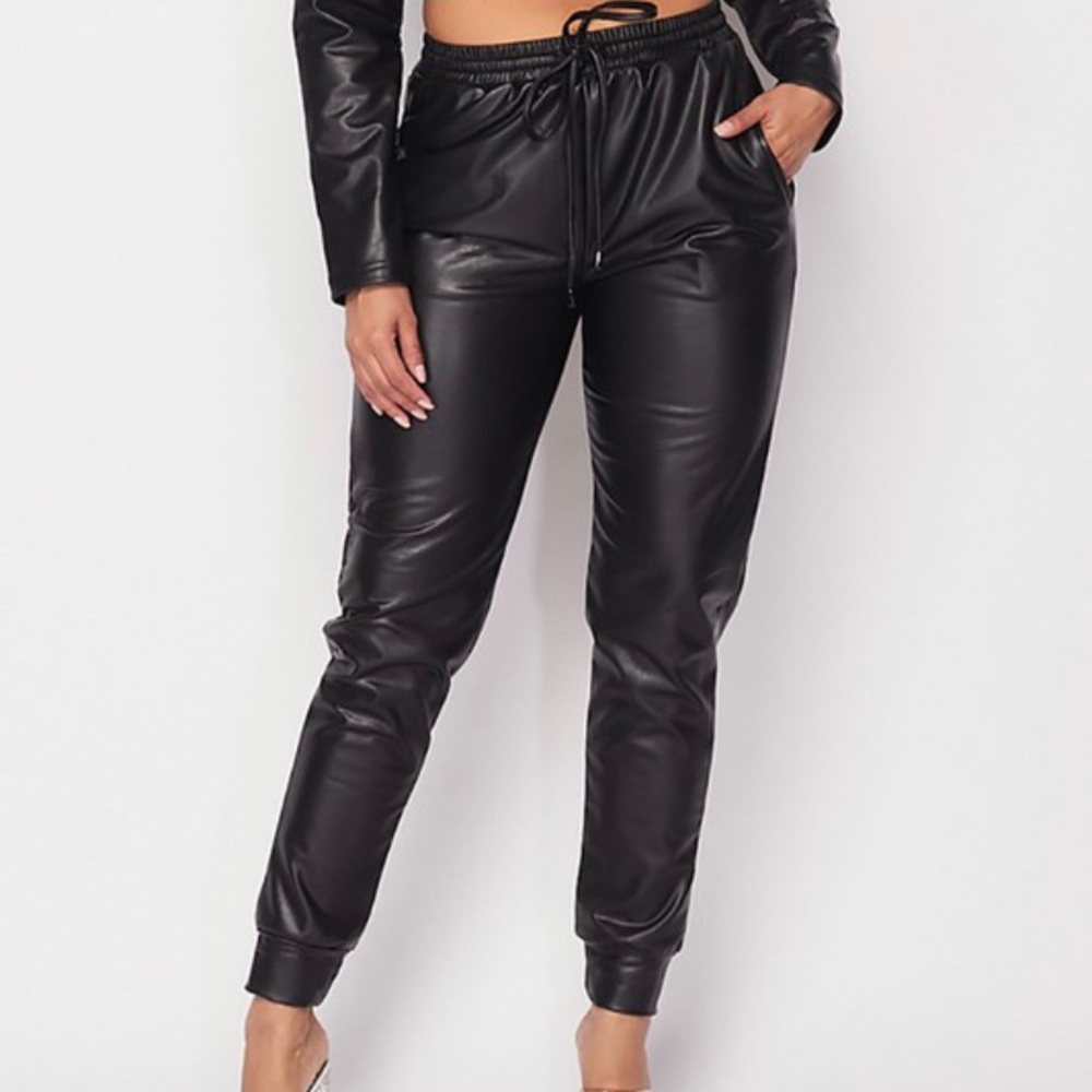 Black Faux Leather Joggers